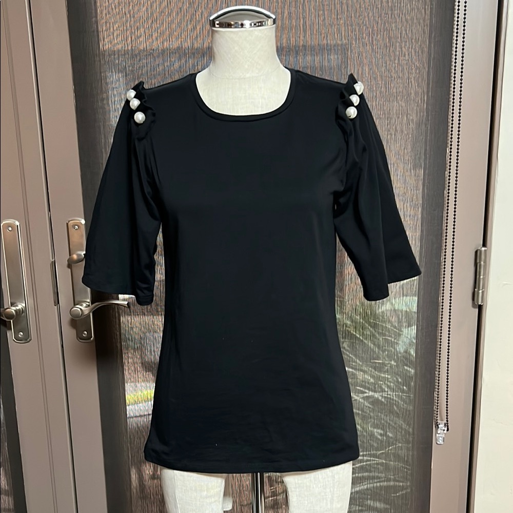 Chico's Black Fitted 3/4 Sleeve Embellished Blouse
